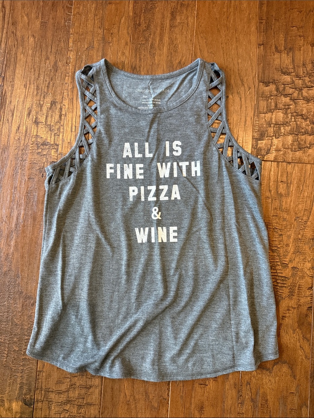 Gray Graphic Lattice-Shoulder Tank — "All Is Fine With Pizza & Wine"